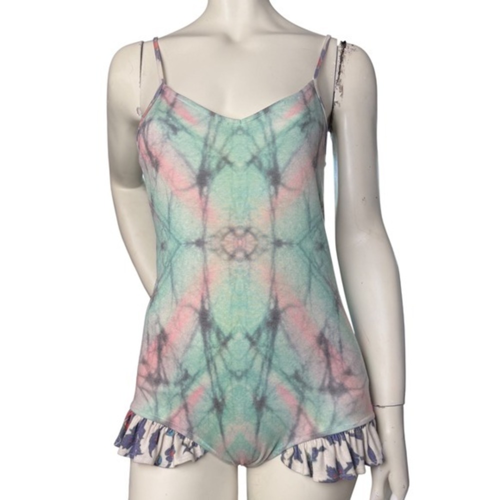 Wildfox pastel tie dye romper ruffle hem GreenPink Y2K Boho Playsuit Festival S